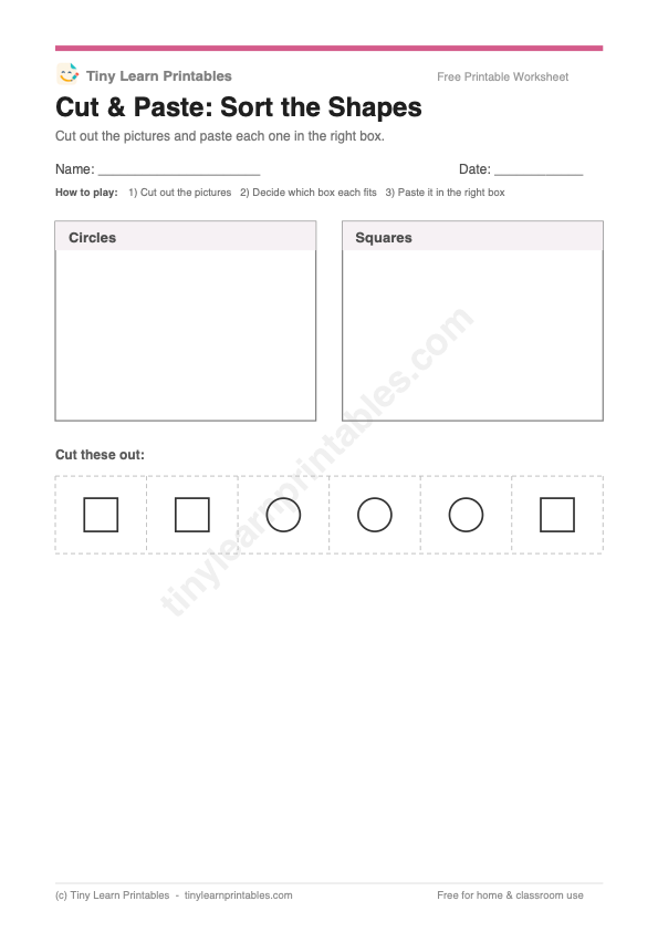Cut & Paste: Sort the Shapes printable game preview