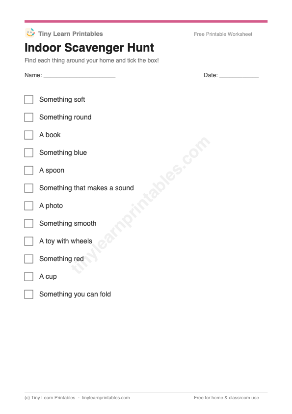 Indoor Scavenger Hunt printable game preview