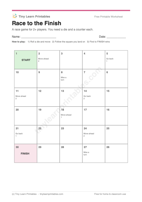 Race to the Finish printable game preview