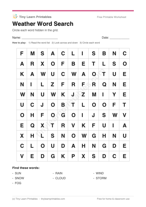 Weather Word Search printable game preview
