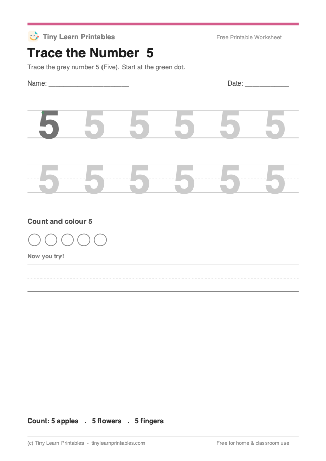 Number 5 tracing and counting worksheet