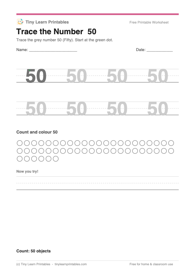 Number 50 tracing worksheet — numbers go up to 50